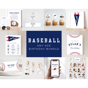 May include: Baseball-themed birthday party printable bundle with a variety of designs, including a pennant banner, a time capsule, a hot dog sign, a welcome sign, a photo collage, and a phone screen. The bundle features the name "Dylan" and the text "Baseball Any Age Birthday Bundle".