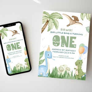 Animated Dinosaur First Birthday Invitation Instant Download Birthday Evite Dinosaur Baby Boy Birthday Party Invite Template Dino Theme Card