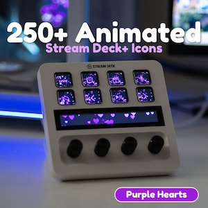 Könnte beinhalten: Ein weißes Stream Deck+ mit einem animierten Herz-Thema in Lila. Das Gerät hat acht Tasten mit animierten Symbolen und einen Bildschirm, der eine Reihe von animierten lila Herzen anzeigt. Der Text "250+ Animated Stream Deck+ Icons" und "Purple Hearts" ist sichtbar.