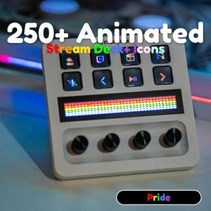 May include: A white Stream Deck with multiple black buttons and a rainbow LED display. The text "250+ Animated Stream Deck+ icons" is displayed at the top. The word "Pride" is displayed at the bottom.