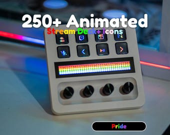May include: A white Stream Deck with multiple black buttons and a rainbow LED display. The text "250+ Animated Stream Deck+ icons" is displayed at the top. The word "Pride" is displayed at the bottom.