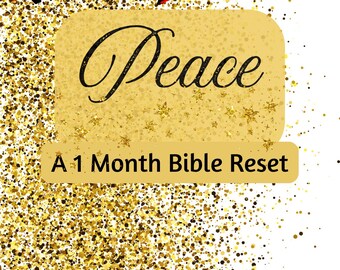 May include: A gold glitter background with the words "Worry" and "Anxiety" crossed out in red. The words "Peace" are written in black cursive script in a yellow rectangle. Below the rectangle is the text "A 1 Month Bible Reset". The text "SweetAsHoneyPrayers.etsy.com" is at the bottom of the image.