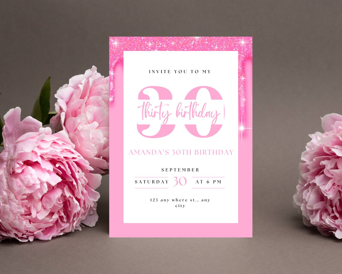 Editable Pink Thirty Birthday Invitation Template, Woman 30th Birthday ...