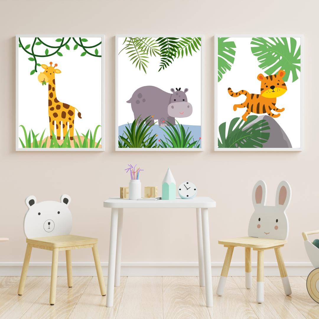 Jungle Animal Nursery Wall Art Set – Tiger, Hippo & Giraffe Prints ...