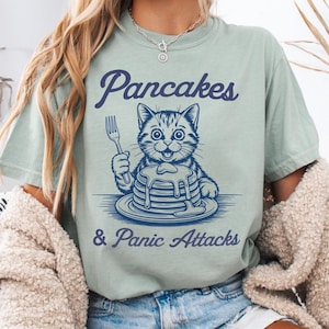 Mental Health Anxiety Shirt for Women, Cute Anxiety Humor Tee for Cat Lovers, Pancakes And Panic Attacks Shirt, Funny Anxiety Tee