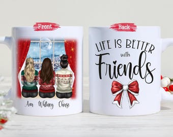 May include: White ceramic mug with a winter scene and the text "Life is Better with Friends." The front of the mug features three figures looking out a window. The back of the mug has the phrase "Life is Better with Friends" and a red bow.