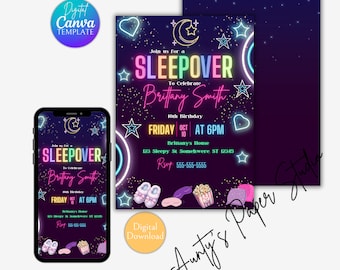 May include: A digital Canva template for a sleepover invitation. The invitation features a dark purple background with neon accents, stars, and the text "Sleepover" and "Brittany Smith". Includes a matching phone screen display.