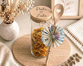 Pasta personalizada con vaso Zasta | Regalo original en efectivo en un tarro de almacenamiento con cuchara de cocina y tubo de ensayo