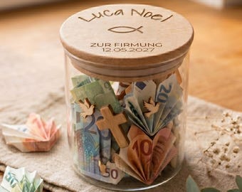 Personalisiertes Geschenk zur Firmung mit Name – Geldgeschenk Glas mit Kreuz oder Fisch | Firmung Geschenk Junge Mädchen Patenkind