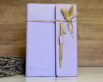 Libreta A5 personalizada para mujer – Agenda con tapa de polipiel lila – Libreta de negocios con nombre – Regalo elegante