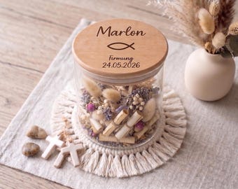 Personalized money gift jar for Confirmation | Wish fulfiller with wooden lid | Modern gift for girls & boys, godchild keepsake