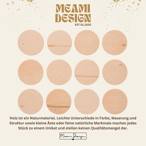 May include: Twelve light-colored, circular wooden discs arranged in a grid. The text MEAMI DESIGN EST 01.2025 appears at the top. At the bottom, German text explains natural wood variations, followed by the MEAMI DESIGN logo with a small heart.