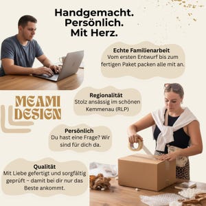 May include: A promotional graphic for Meami Design featuring text in German, a person working on a laptop, and a person sealing a cardboard shipping box with tape. The layout includes four informational bubbles detailing business practices.