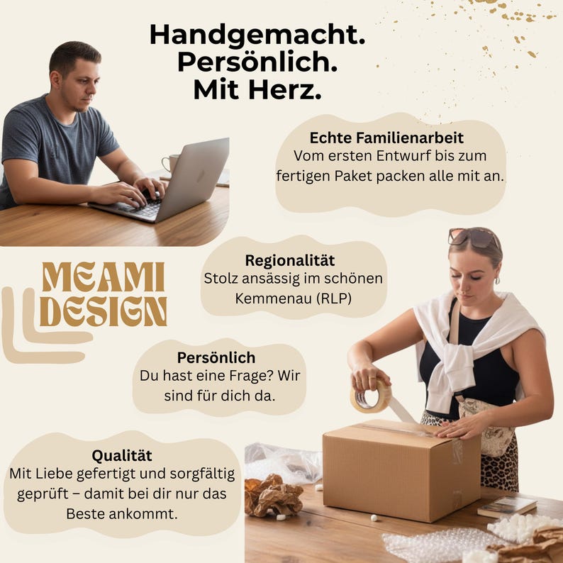 May include: A promotional graphic for Meami Design featuring text in German, a person working on a laptop, and a person sealing a cardboard shipping box with tape. The layout includes four informational bubbles detailing business practices.