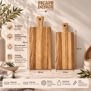 May include: Two rectangular oak wood serving boards with handles featuring holes for hanging. The larger board measures 40 cm by 20 cm, and the smaller board measures 35 cm by 15 cm. Both boards are oiled and display natural wood grain patterns.