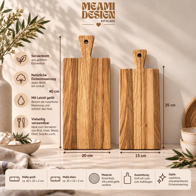 May include: Two rectangular oak wood serving boards with handles featuring holes for hanging. The larger board measures 40 cm by 20 cm, and the smaller board measures 35 cm by 15 cm. Both boards are oiled and display natural wood grain patterns.