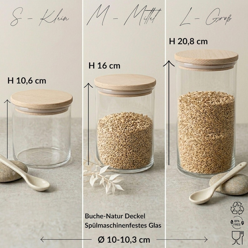 May include: Three clear glass storage jars with light wood lids in sizes S, M, and L. Heights are 10.6 cm, 16 cm, and 20.8 cm, with a diameter of 10-10.3 cm. The jars feature natural beech wood lids and dishwasher-safe glass construction.