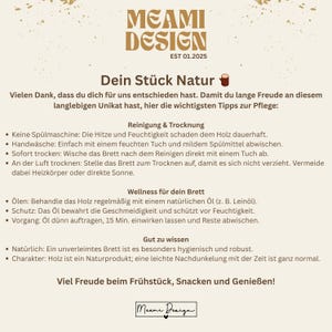May include: A beige informational card titled MEAMI DESIGN EST 01.2025 featuring care instructions for a wooden board. The text provides guidelines on cleaning, drying, oiling, and general maintenance for the natural wood product.