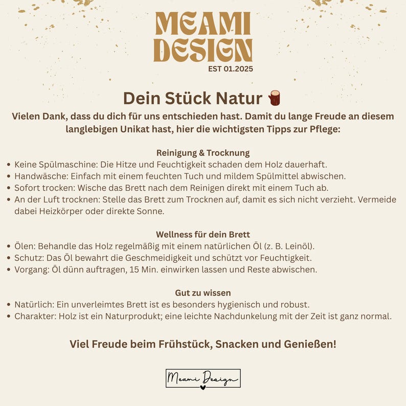 May include: A beige informational card titled MEAMI DESIGN EST 01.2025 featuring care instructions for a wooden board. The text provides guidelines on cleaning, drying, oiling, and general maintenance for the natural wood product.
