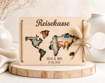 Wooden Travel Money Gift for Weddings | Travel Fund with World Map | Personalized Wedding Gift | Honeymoon Gift