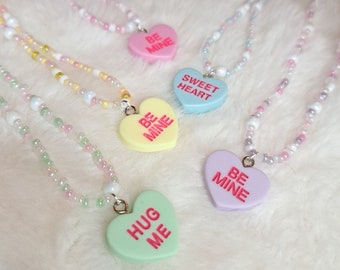 Colorful Valentine's Day candy heart pearl necklace, Valentines Day