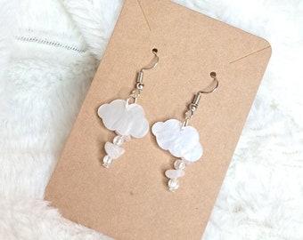 Cloud earrings with rose quartz, pearl earrings, drop earrings