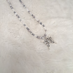Grey Butterfly Tribal Necklace with Pearls, Silver