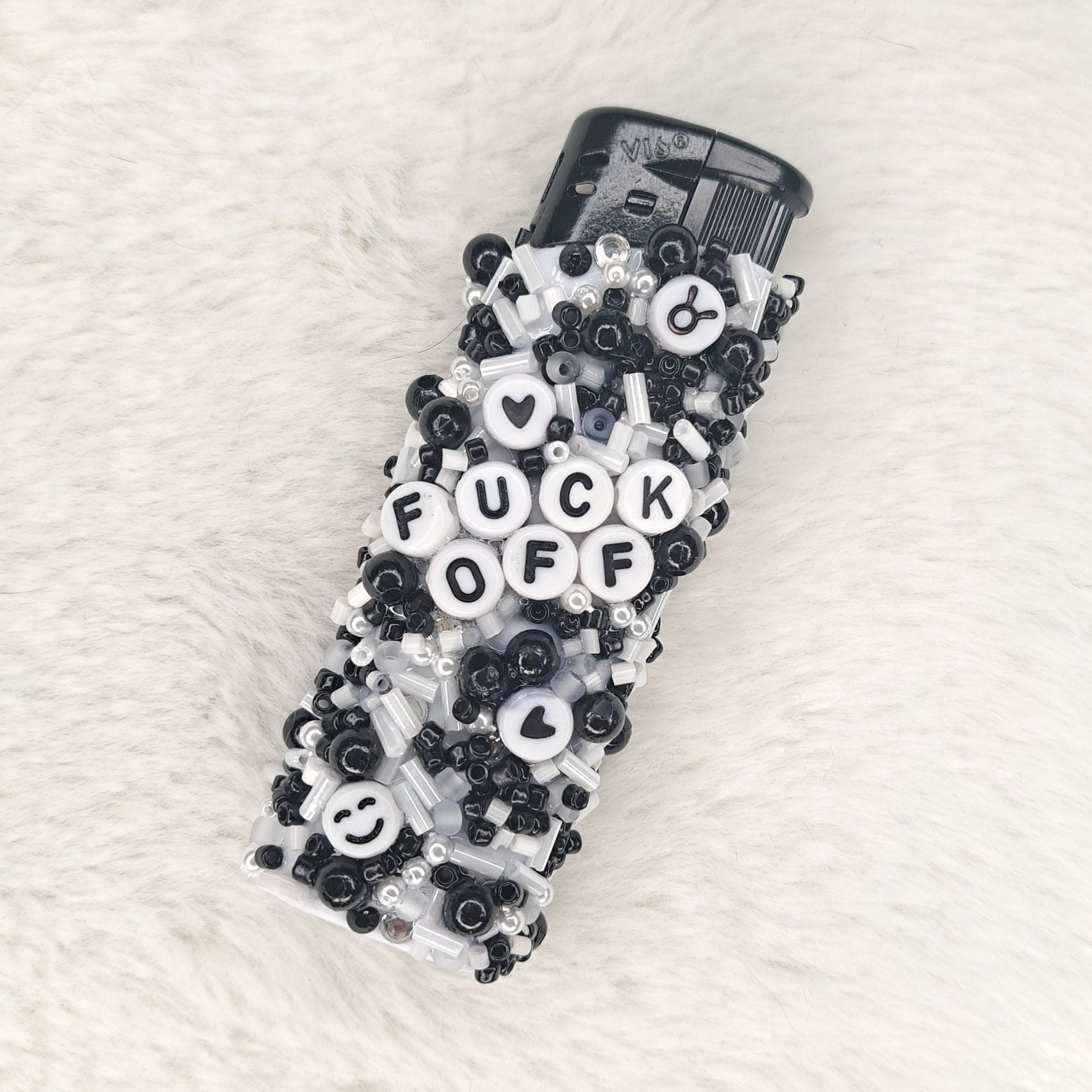 Bedazzled lighter, personalized lighter, pearls, black and white