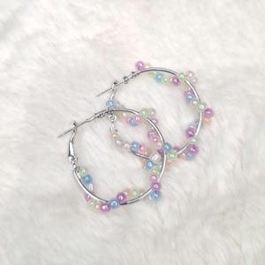 Colorful Pearl Hoop Earrings, Colorful Pearls, Hoop Earrings