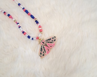 Beautiful moth necklace with blue and pink beads, pearl necklace, necklace, moth pendant