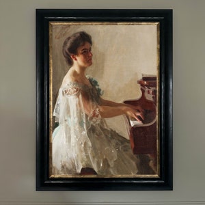 Vintage Porträt einer Dame, die Klavier spielt | Vintage Ölgemälde | Gemälde aus dem 19.Jahrhundert | Damendruck | Physischer Passepartout unterstützt Giclée-Druck