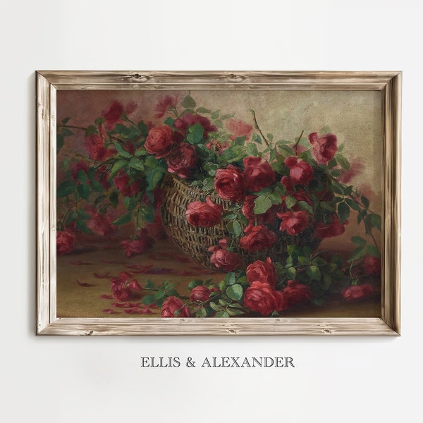 Vintage Red Rose Oil Painting | Moody Floral Print | Art Print | Victorian Art | PRINTABLE Digital Download | Ellis and Alexander