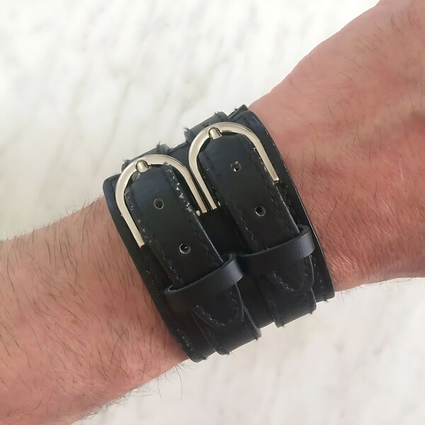 Echtes Leder Manschette Armband für Männer - Verstellbare breite Doppel Riemen Schnalle Wrap Manschetten