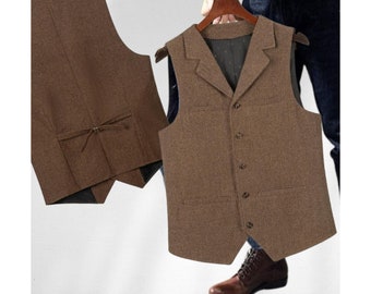 Mens Retro Wool Suit Vest Vintage Formal Wedding Waistcoat Tweed Herringbone for Groomsmen Business Casual gift for him