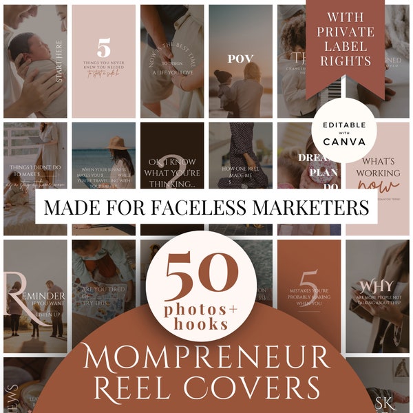 Reel Covers with Hooks for Mompreneurs, Side Hustle, Faceless Instagram Template Covers, Canva, Private Label Rights, Master Resell Rights,