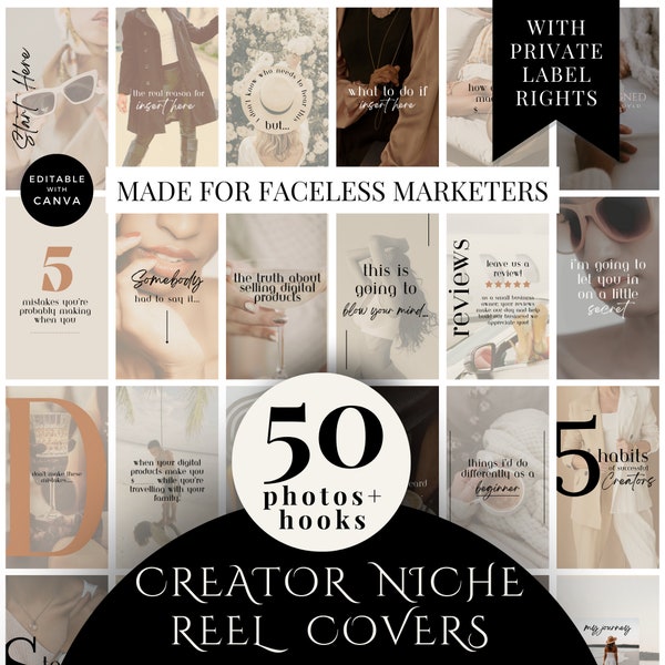 Reel Covers with Hooks For Digital Marketing, Instagram, Canva, for Faceless Marketers, Neutral Aesthetic, Social Media Templates with PLR