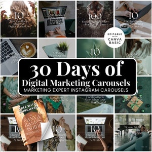 May include: A collage of 12 Instagram carousel templates for digital marketers. Each template features a green background with white text and a number. The text includes phrases like "Faceless Reels Ideas" and "30 Days of Digital Marketing Carousels".