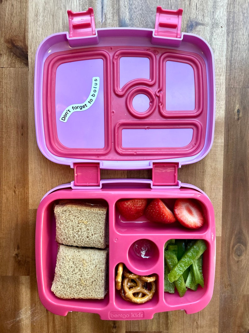 Pode incluir: Lancheira rosa com um adesivo que diz "Don't forget to bolus". A lancheira est&aacute; aberta e cont&eacute;m dois sandu&iacute;ches, morangos, piment&otilde;es verdes e pretzels.