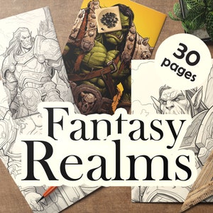 Fantasy medieval realm, 30 pages of elves, humans, goblin, orcs coloring book for adults and children, printable coloring book, fantasy