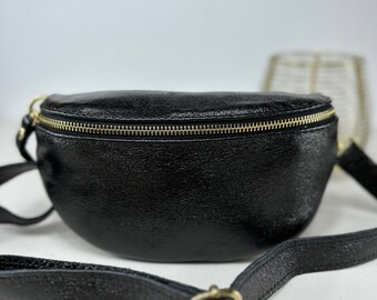 Shiny cowhide leather fanny pack