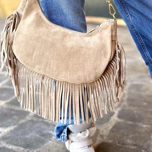 Borsa con frange in pelle scamosciata naturale – Stile Boho chic