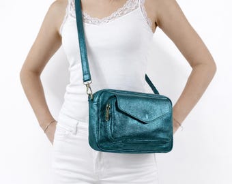 Glossy leather shoulder bag 24x15 cm – Small genuine leather crossbody bag, elegant women's bag