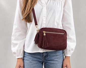 Small genuine suede crossbody bag 20x15 cm – Compact women's crossbody bag with tassel, elegant everyday bag