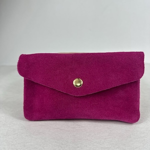 Genuine suede coin purse • Mini pouch 15×9 cm • Gold/silver/bronze button • Gift for women