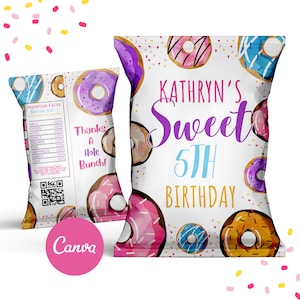 May include: A white chip bag with a donut theme. The bag has a pink, blue, and purple donut pattern with sprinkles. The text on the bag reads "Kathryn's Sweet 5th Birthday".