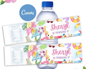 Pool Wasserflasche, Pool Geburtstag, Pool Party, Pool Vorlage, Pool Gastgeschenke, Canva Vorlage
