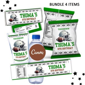 May include: A set of four printable party favour labels featuring a football theme. The labels are green and white with a football helmet and football graphic. The labels include the text "Touchdown!" and "Thoma's 6th Birthday".