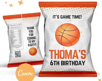 Peut inclure: Un sac de chips blanc et orange pour fête avec un motif de ballon de basket. Le sac dit "C'est l'heure du jeu !" et "Thoma's 6th Birthday".