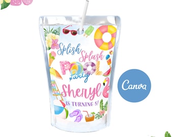 May include: A clear plastic pouch with a colorful design featuring a pool party theme. The pouch has a straw sticking out of the top and the text "Splish Splash Pool Party Sheryl is turning 5!" printed on the front.