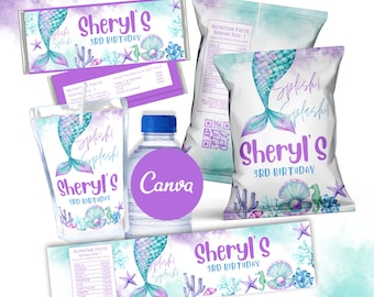 May include: A set of four mermaid-themed party favor items for a 3rd birthday party. The set includes a chocolate bar wrapper, a water bottle label, a juice box label, and a chip bag label. All items feature a mermaid tail with a purple, blue, and green color scheme, along with seashells, starfish, and seahorses. The text "Sheryl's 3rd Birthday" is featured on each item.